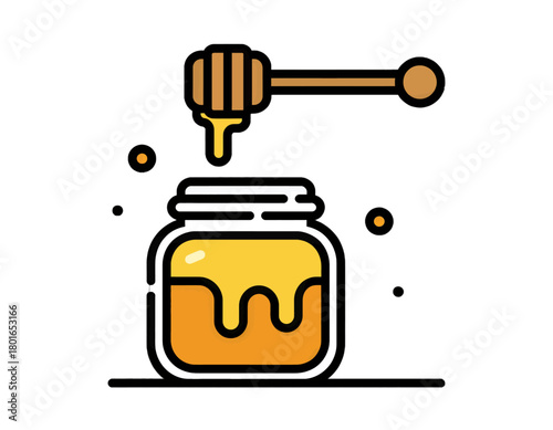 Honey jar with dripping spoon in flat design style