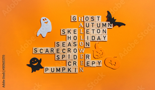 Halloween crossword puzzle with wooden blocks