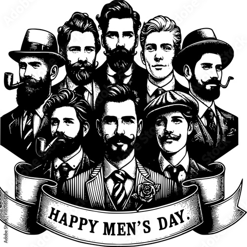 Happy Men's Day Celebration: A gathering of distinguished gentlemen, each with a unique style, join in a salute to Men's Day, symbolizing unity, respect, and admiration. 