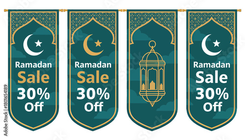 Ramadan Sale Banners with Islamic Symbols and Gold Accents