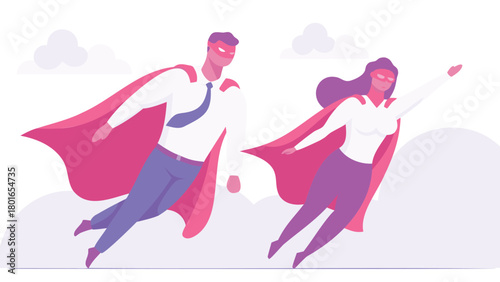 Dynamic duo of masked superheroes soaring through a soft colorful sky conveying adventure and heroism in a vibrant stylized illustration