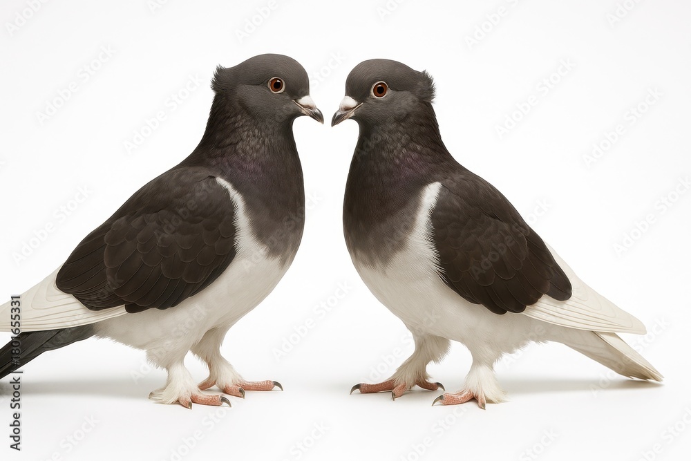Fototapeta premium Two Lahore pigeons mirrored stance facing each other beaks close on white background for bird romance symmetry and pairing themes
