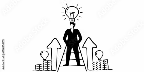 Man climbing ladder with idea bulb above head and arrows pointing up from money stacks on either side