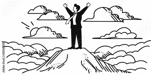 Man in suit stands atop mountain with arms raised surrounded by clouds in black and white illustration