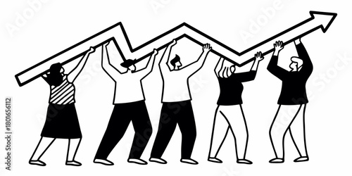 Teamwork illustration showing people lifting a rising arrow graph together in black and white style
