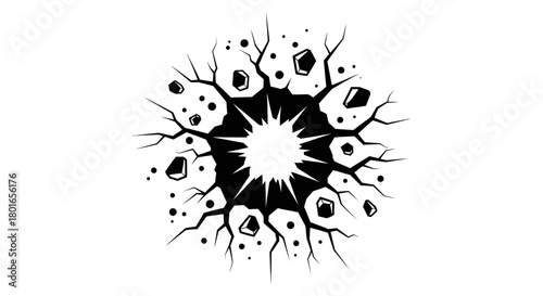 Dramatic impact explosion with cracks and debris on white backdrop