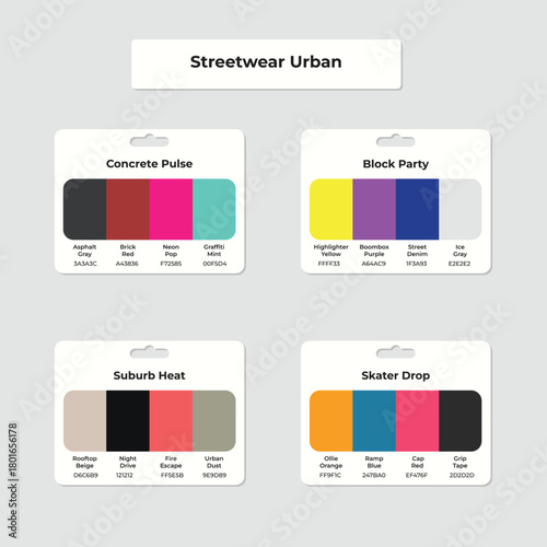 Color palette cards display streetwear themes and corresponding vibrant color schemes