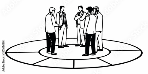 A group of people standing in a circle with segments in black and white illustration style design art