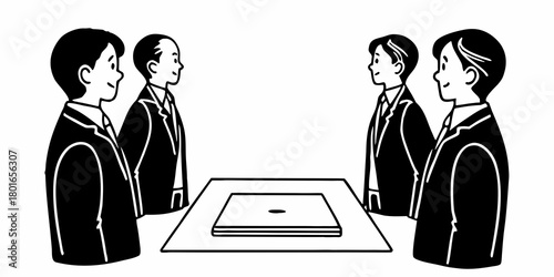 Illustration of a meeting with four business people standing around a square table in black and white