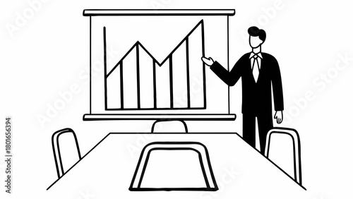 A presentation scene shows a man in a suit presenting a graph at a meeting table setting clearly outlined