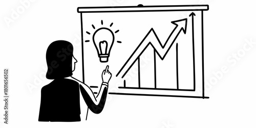 Woman presenting a graph with an upward arrow and a lightbulb on a whiteboard in black and white style