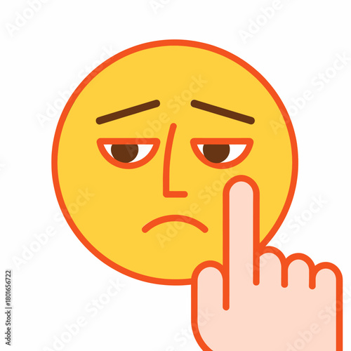 Flat vector illustration of a tired, sad, or disappointed yellow face/emoji with a hand poking the cheek