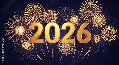 Golden 2026 text illuminated by a dazzling display of bright exploding fireworks against a dark night sky celebrating the upcoming new year with festive light
