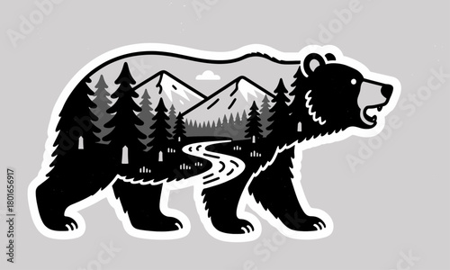 Black bear illustration, minimal forest scene, isolated