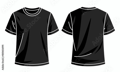 Black t-shirt illustration, front and back, minimal isolated design