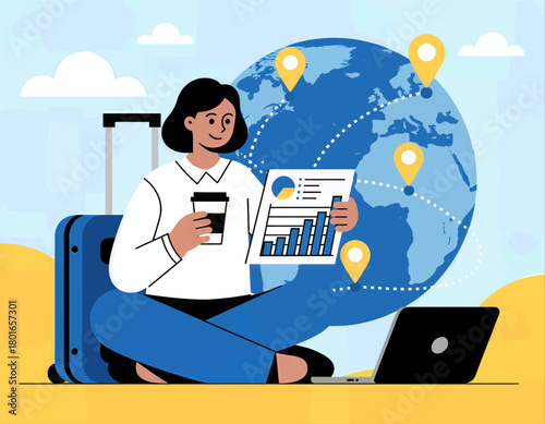 Businesswoman analyzing data globally, modern flat design, travel concept