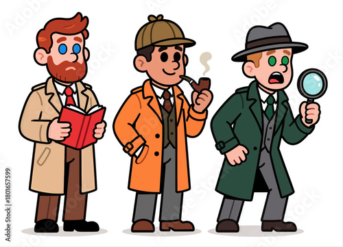 Cartoon detectives in trench coats, vector illustration, isolated