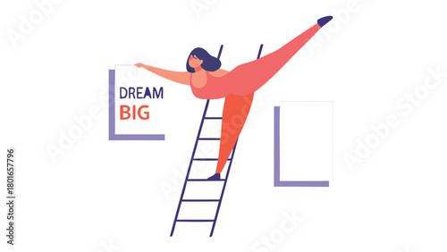 Creative woman on a ladder meticulously hanging posters ideal for advertising campaigns promotions and artistic displays showcasing dedication and visual storytelling