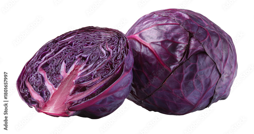 Fototapeta premium Vibrant purple cabbage, one halved revealing layered texture