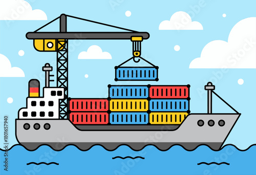 Cargo ship with crane loading colorful containers, minimal flat design
