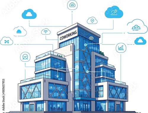 Modern office building with cloud technology connection, isolated on white background
