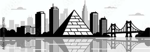 City skyline with pyramid and bridge, minimal vector illustration