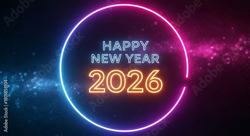 Vibrant neon oval frame with glowing text happy new year 2026 in blue and pink light against a dark background with sparkling particles creating a festive and celebratory atmosphere for the upcoming y