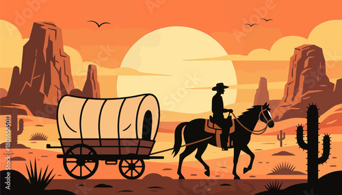 Cowboy riding with covered wagon at sunset desert scene, vector silhouette