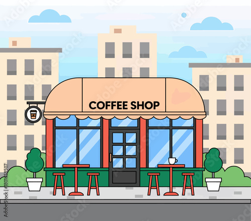Cozy coffee shop facade flat vector illustration on city street