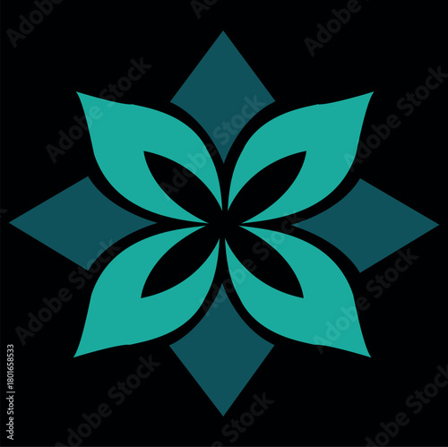 Teal flower with four petals and a dark teal diamond shape on