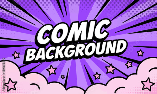 Comic background with bold text and vibrant purple halftone design