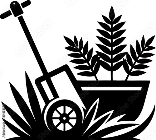Garden Plough silhouette vector icon , black and white 