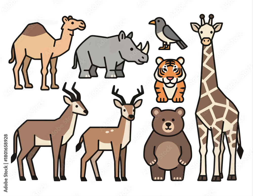 Obraz premium Cute cartoon safari animals, minimal illustration set, isolated
