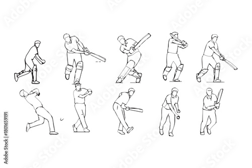 silhouette pack of cricket batsman action editable outline stroke with pure white background