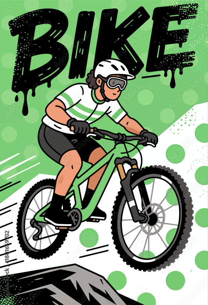 Obraz premium Cyclist riding mountain bike, dynamic vector style, downhill trail scene
