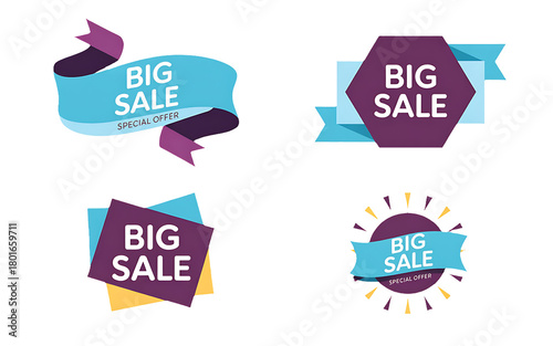 Four Big Sale Special Offer Labels With Purple Blue Yellow Colors