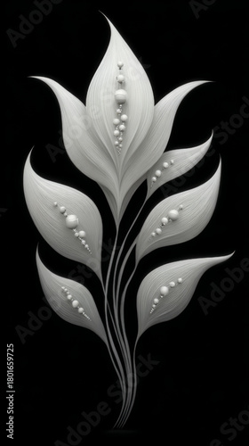 Abstract white plant illustration with rounded elements, modern, representing organic growth and natural elegance, on a black background, "Innovate & Grow" concept
