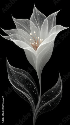 Graceful white flower illustration with intricate lines, elegant, representing purity and ethereal beauty, on a black background, "Innovate & Grow" concept