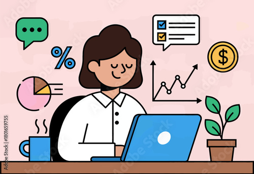 Female professional working on laptop with business icons, minimal flat design
