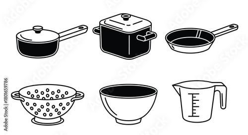 Kitchen tools cooking essentials in black and white line drawing style