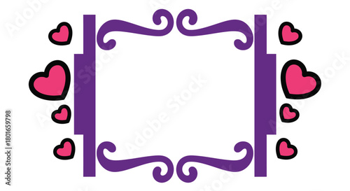 Elegant purple frame with lovely pink hearts for your special message