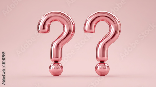 Two rose gold metallic question marks, 3D render, representing uncertainty or inquiry, on a light pink background with copy space, "Innovate & Grow" concept