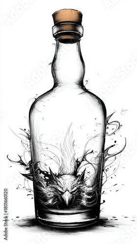 Demon in a Bottle, dark and mystical, abstract fantasy illustration, on a white background