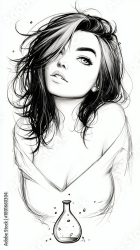 Alluring Woman, confident and sensual, expressive fashion sketch, with a small bottle
