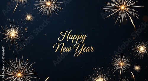 Golden happy new year text with a border of sparkling fireworks illuminating the dark night sky perfect for festive celebrations and holiday greetings