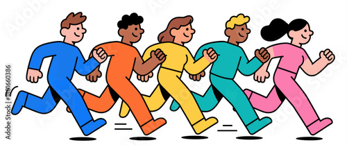 Group of diverse people running together, colorful flat design illustration
