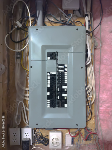 Vertical view of a residential electrical panel, surrounded by exposed wiring, outlets, and pink insulation, highlighting home electrical infrastructure.