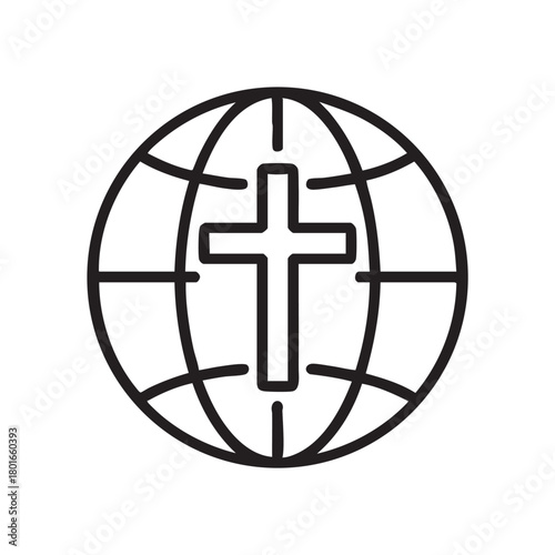 A simple black and white line drawing depicts a globe with a cross centered within its form