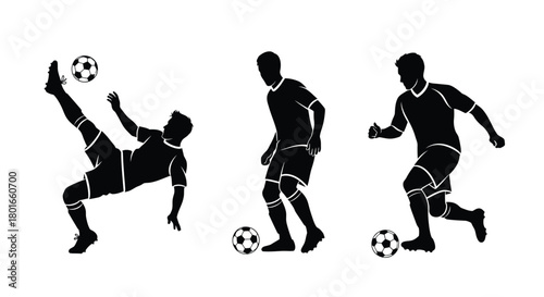 Dynamic soccer player silhouettes showcase action and skill on field