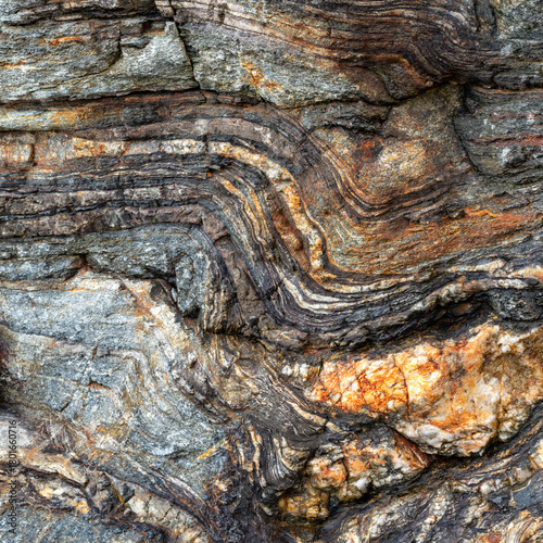 Tableau sur toile Grey and Amber Layered Gneiss Texture Close-Up Texture